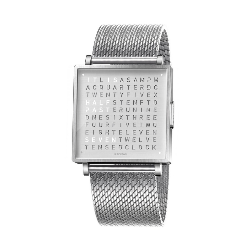 QLOCKTWO W35 "FINE STEEL BRUSHED MILANAISE ENGLISH" - Time to Shine